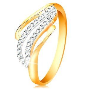 Zlatý prsten 14K - zvlněné linie ramen, blýskavé čiré zirkony - Velikost: 52