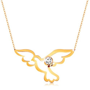 Náhrdelník ve žlutém 14K zlatě - lesklý symbol holubice s čirým zirkonkem, řetízek