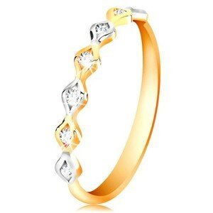 Zlatý 14K prsten - dvoubarevná zrnka se vsazenými zirkony, vysoký lesk - Velikost: 56
