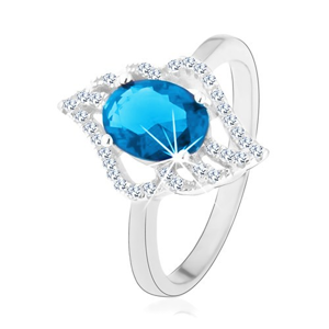 Stříbrný prsten 925, kontura čirého lístku s oválným světle modrým zirkonem - Velikost: 49