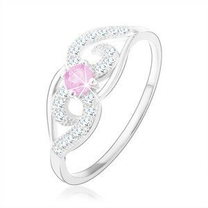Stříbrný prsten 925, asymetricky zatočené linie, světle růžový kulatý zirkon - Velikost: 59