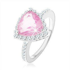 Stříbrný 925 prsten, trojúhelníkový růžový zirkon, blýskavý čirý lem - Velikost: 48