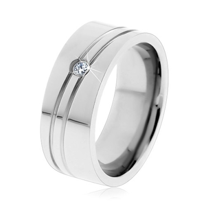 Prsten z chirurgické oceli stříbrné barvy, úzké šikmé zářezy, zirkonek - Velikost: 57