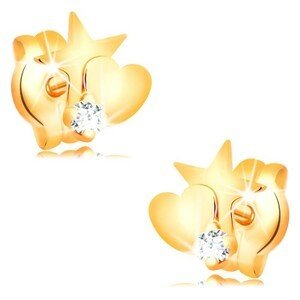Zlaté diamantové náušnice 585 - hvězda a srdce, kulatý čirý briliant