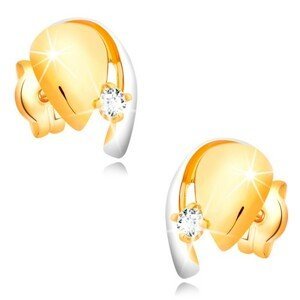 Diamantové zlaté 14K náušnice, dvoubarevná kapka se zářivým briliantem