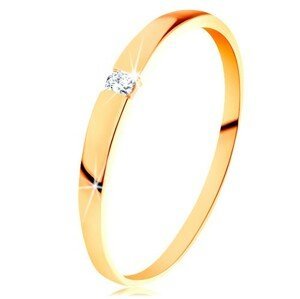 Zlatý 14K prsten - blýskavý zirkon čiré barvy, hladká vypouklá ramena - Velikost: 51