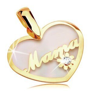 Přívěsek ze žlutého 14K zlata - perleťové srdce s nápisem Mama a kvítkem