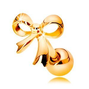 Piercing do ucha ve žlutém 14K zlatě - lesklá uvázaná mašlička