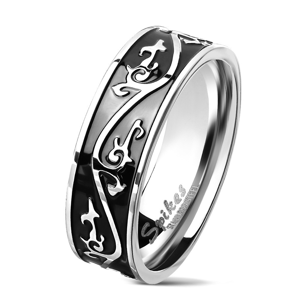 Prsten z chirurgické oceli stříbrné barvy, černý pás zdobený ornamentem, 7 mm - Velikost: 68