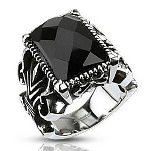 Mohutný ocelový prsten, černý broušený obdélník, vyřezávaná ramena - Velikost: 62