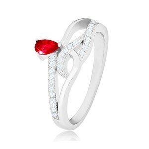 Prsten ze stříbra 925, červený slzičkovitý zirkon, zvlněné zirkonové linie - Velikost: 56