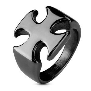 Mohutný černý prsten z oceli 316L, hladký lesklý maltézský kříž - Velikost: 60