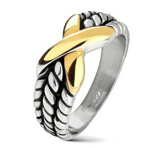 Ocelový prsten stříbrné barvy, zářezy na ramenech, X zlaté barvy - Velikost: 53
