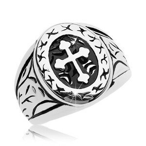 Prsten stříbrné barvy, chirurgická ocel, velký ovál s jetelovým křížem - Velikost: 68