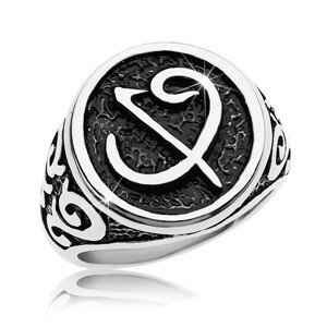 Prsten z chirurgické oceli - černá pečeť se symbolem, ornamenty na ramenech - Velikost: 60