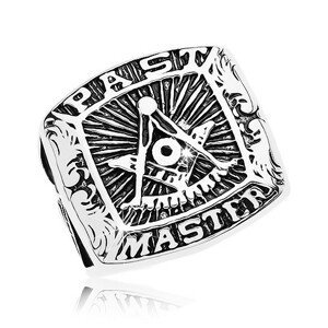 Prsten z chirurgické oceli, symboly svobodných zednářů a nápis, černá patina - Velikost: 62