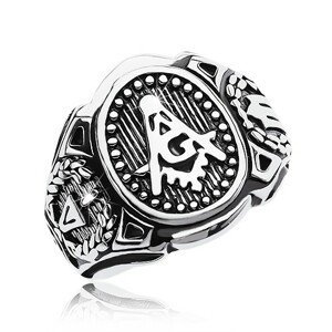 Prsten z chirurgické oceli, velký ovál a symboly svobodných zednářů - Velikost: 68