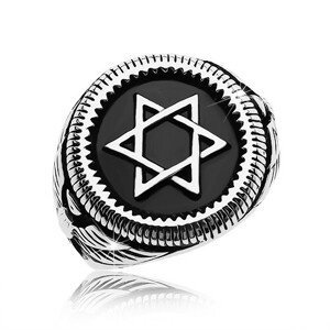 Mohutný prsten stříbrné barvy, ocel 316L, Davidova hvězda v černém kruhu - Velikost: 60