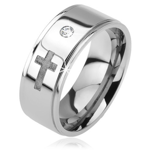 Lesklý ocelový prsten - vystouplý pás, čirý zirkon, matný kříž, 6 mm - Velikost: 55