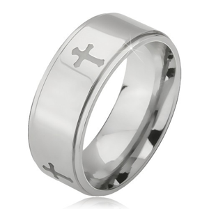 Ocelový prsten stříbrné barvy, vyryté křížky a snížené okraje, 6 mm - Velikost: 58