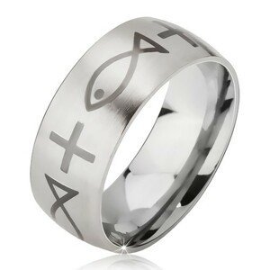 Matný prsten z chirurgické oceli stříbrné barvy, potisk s křížem a rybou, 6 mm - Velikost: 55
