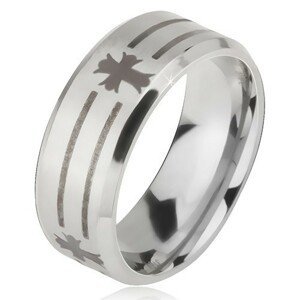 Prsten z oceli 316L stříbrné barvy, potisk s proužky a kříži, 6 mm - Velikost: 55