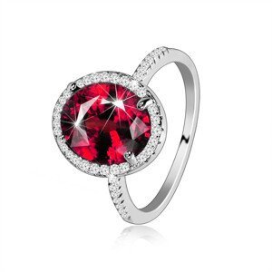 Stříbrný 925 prsten - oválný červený zirkon, čirá zirkonová obruba - Velikost: 62