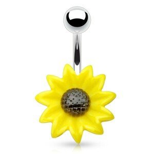 Ocelový piercing do pupíku, akrylový žlutočerný květ slunečnice