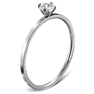 Zásnubní prsten z oceli 316L stříbrné barvy, kulatý čirý zirkon - Velikost: 52