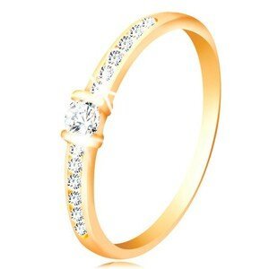 Zlatý prsten 14K - čirá třpytivá ramena, vyvýšený kulatý zirkon čiré barvy - Velikost: 54