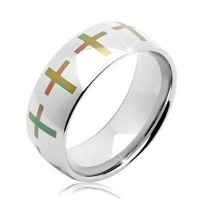 Prsten z chirurgické oceli stříbrné barvy, barevné kříže po obvodu, 8 mm - Velikost: 60