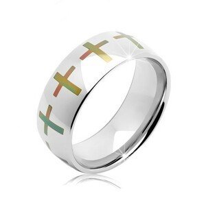 Ocelový prsten stříbrné barvy, duhové kříže po obvodu, 6 mm - Velikost: 52