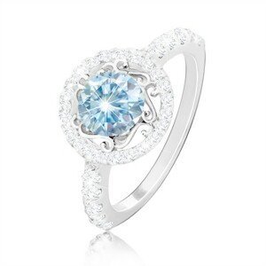 Stříbrný 925 prsten - světle modrý zirkon, ornamenty, zirkonový kruh a ramena - Velikost: 57