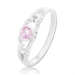 Stříbrný 925 prsten, růžové zirkonové srdce, rozdělená ramena s ornamenty - Velikost: 60