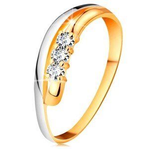 Briliantový prsten ve 18K zlatě, zvlněné dvoubarevné linie ramen, tři čiré diamanty - Velikost: 49