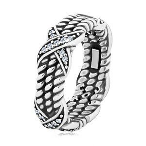 Patinovaný stříbrný prsten 925, motiv zatočeného lana, křížky se zirkony - Velikost: 48