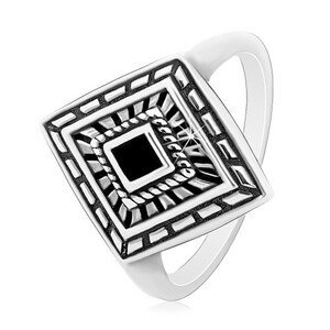 Prsten ze stříbra 925, patinovaný kosočtverec s černou glazurou uprostřed - Velikost: 54