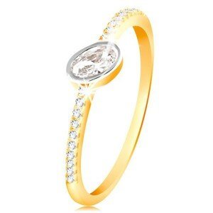 Zlatý prsten 585 - čirý oválný zirkon v objímce z bílého zlata, zirkonové linie - Velikost: 52