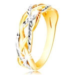 Prsten ze 14K zlata - dvoubarevné, zvlněné a propletené linie, zářezy - Velikost: 52