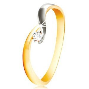 Zlatý prsten 585 - zahnutá dvoubarevná ramena, třpytivý čirý zirkon - Velikost: 51