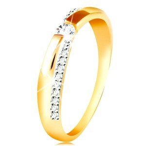 Zlatý 14K prsten - třpytivý a hladký pás, kulatý zirkon čiré barvy - Velikost: 51
