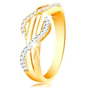 Zlatý prsten 585 - zirkonové vlnky ze žlutého a bílého zlata, rovné hladké pásy - Velikost: 51