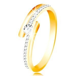 Zlatý prsten 585 - rozdvojená ramena, vystouplý kulatý zirkon čiré barvy - Velikost: 49