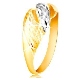 Zlatý prsten 585 - vypouklé pásy žlutého a bílého zlata, blýskavé rýhy - Velikost: 51