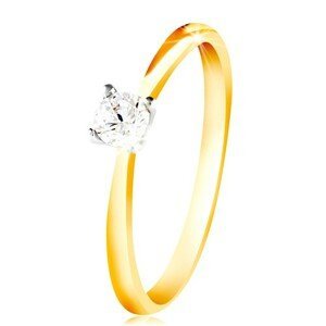 Zlatý 14K prsten - tenká ramena, čirý zirkon v kotlíku z bílého zlata - Velikost: 58