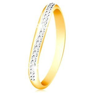 Zlatý 14K prsten - blýskavý zvlněný pás z čirých zirkonů a bílého zlata - Velikost: 58