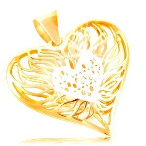 Zlatý přívěsek 585 - velké dvoubarevné srdce, střed z bílého zlata, plameny okolo
