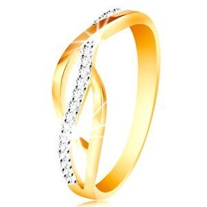 Prsten v kombinovaném 14K zlatě - propletené hladké a zirkonové linie - Velikost: 54