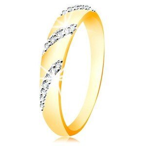Prsten ze 14K zlata se zaobleným povrchem a šikmými liniemi zirkonů - Velikost: 50