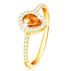 Prsten ze žlutého 14K zlata, kapka oranžové barvy s čirým zirkonovým lemem - Velikost: 52